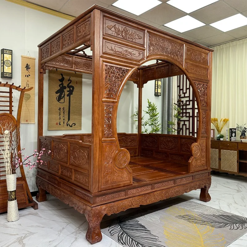 Solid wood old Chinese flower and bird moon hole shelf bed, Ming and Qing antique classical court step bed, double step bed
