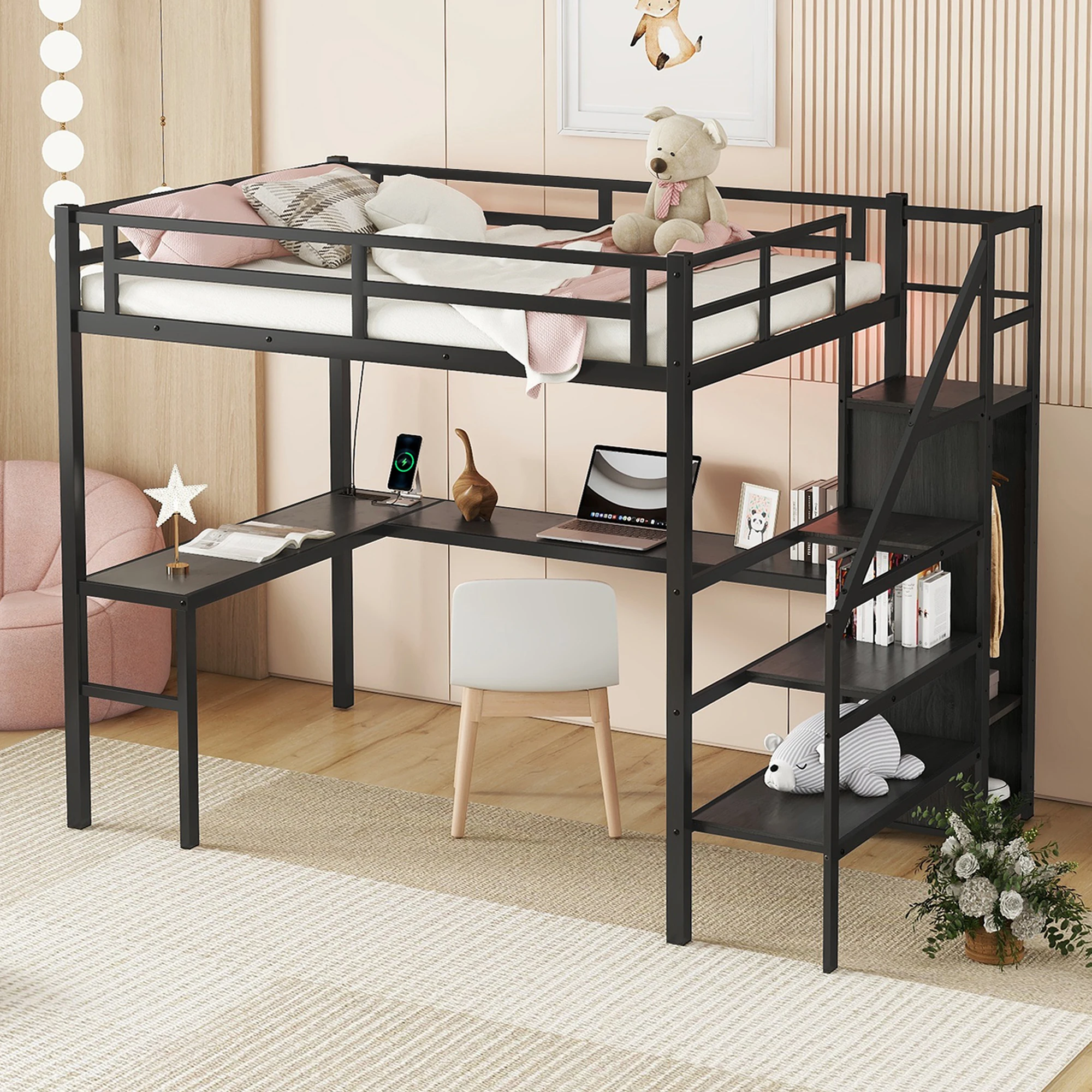 Full XL Loft Bed with L-Shaped Desk, USB Ports, Wardrobe, Adjustable Shelf, LED Lights, Black 98.62x57.48x69.13 in.