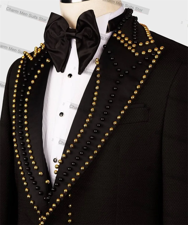 Conjunto de ternos formais feitos sob medida com 2 peças, blazer e calças pretas, jaqueta de ouro, calças de luxo, noivo, casaco smoking de casamento