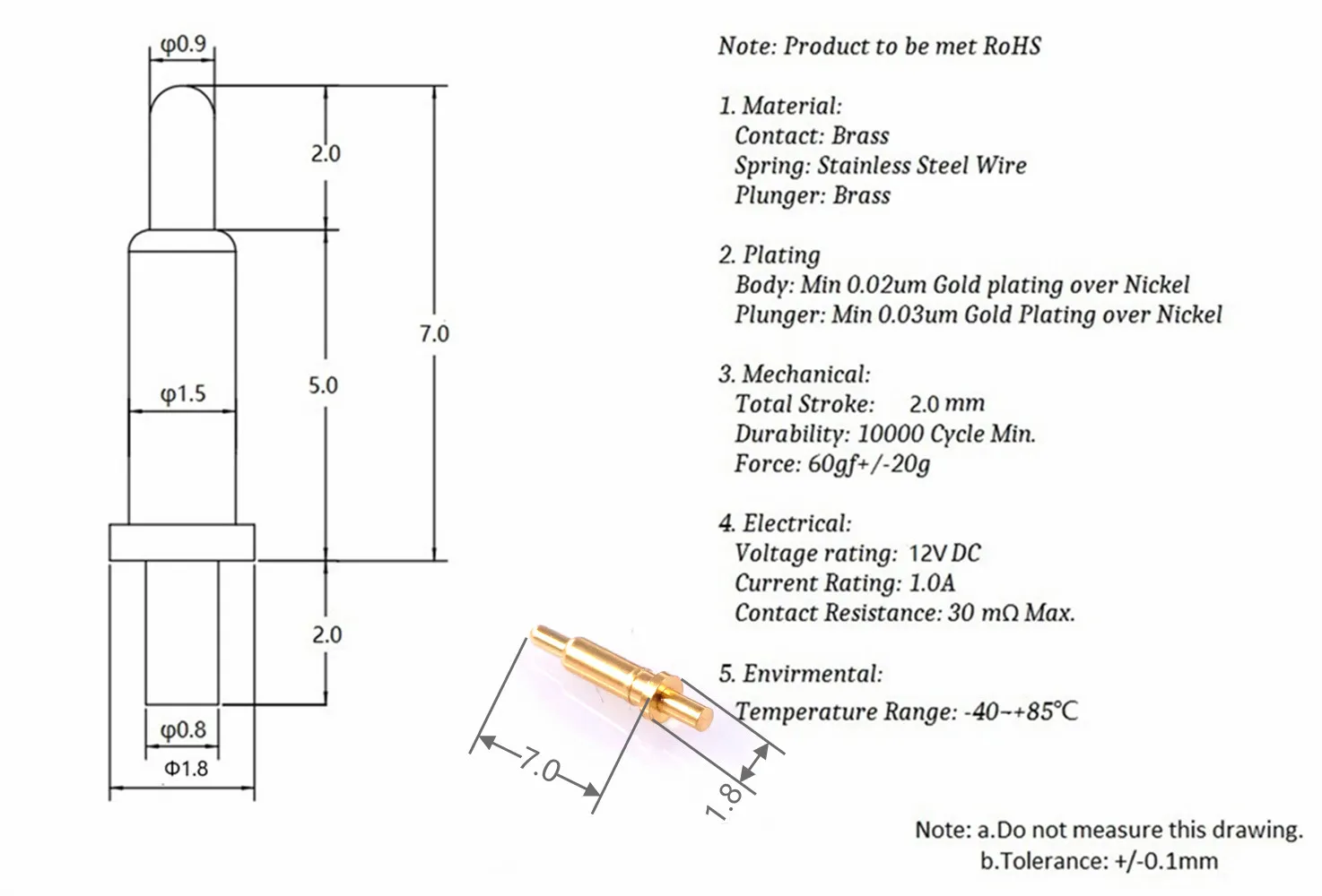 10pcs Spring-Loaded Pogo Pin 7.0 mm Height Flange 1.8 mm Diameter Tail 2.0mm Through Hole PCB Single Spring Header Male Contact