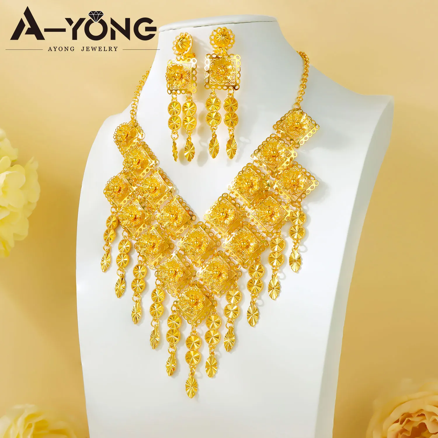 Luxuriöses Habesha Goldfarbenes Schmuckset Äthiopisches Quasten-Brautschmuckset Arabische Damen Verlobungs- und Partyschmuckstücke – Detail 3