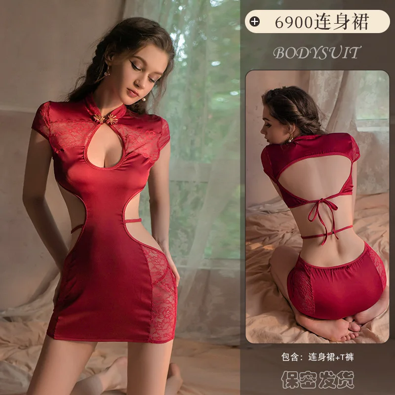 Vestido Qipao calado de estilo chino para mujer, lencería Sexy de satén de encaje, Cheongsams chinos tradicionales, uniforme, disfraces sexuales para club nocturno