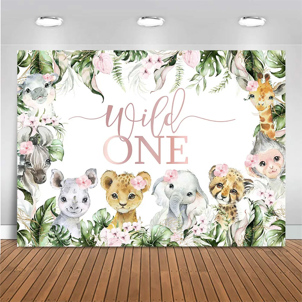 Mocsicka Wild One Birthday Backdrop Girl 1st Birthday Party Safari Animals Photo Background Studio Photoshoot Props Custom Decor