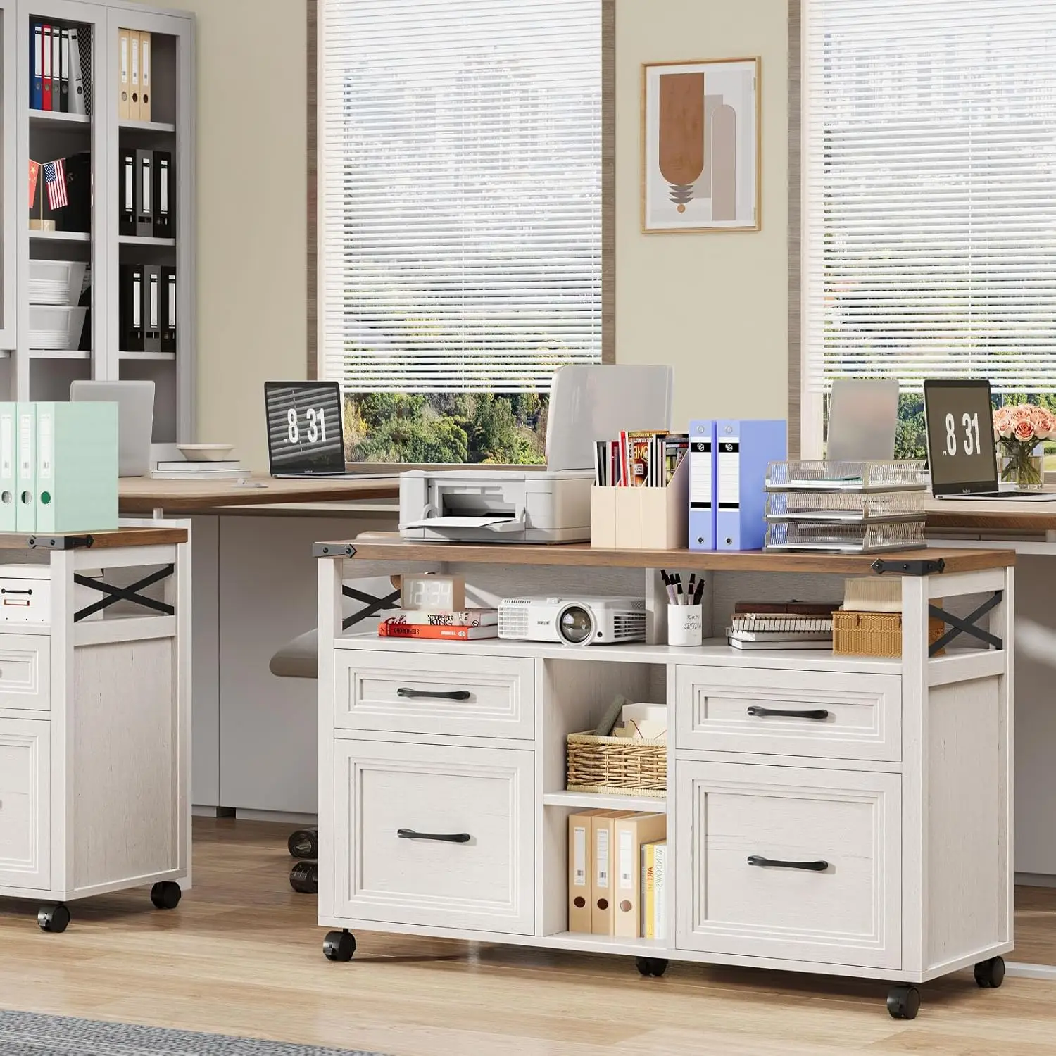 Farmhouse Filing Cabinet with Adjustable Shelf & Wheels, Lateral File Cabinets, Office Storage Cabinet with 4, Customized