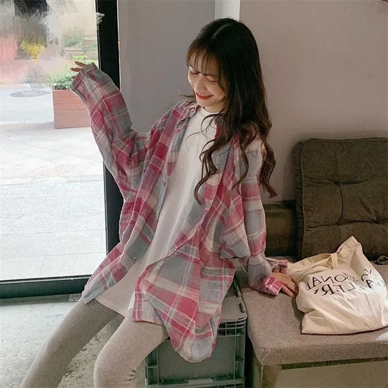 

Women Cardigan Pink Plaid Shirt Summer Spring Autumn Casual Shirt Blouses Loose Korean Ladies Tops Blusas