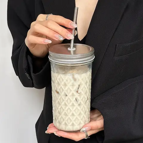 इन्स स्टाइल साफ़ ग्लास कप स्ट्रॉ ढक्कन के साथ बड़ी क्षमता गर्मी प्रतिरोधी बोबा दूध चाय ग्लास कॉफी मग जूस कोल्ड ड्रिंक कप 10 best sales बोबा कप - №2