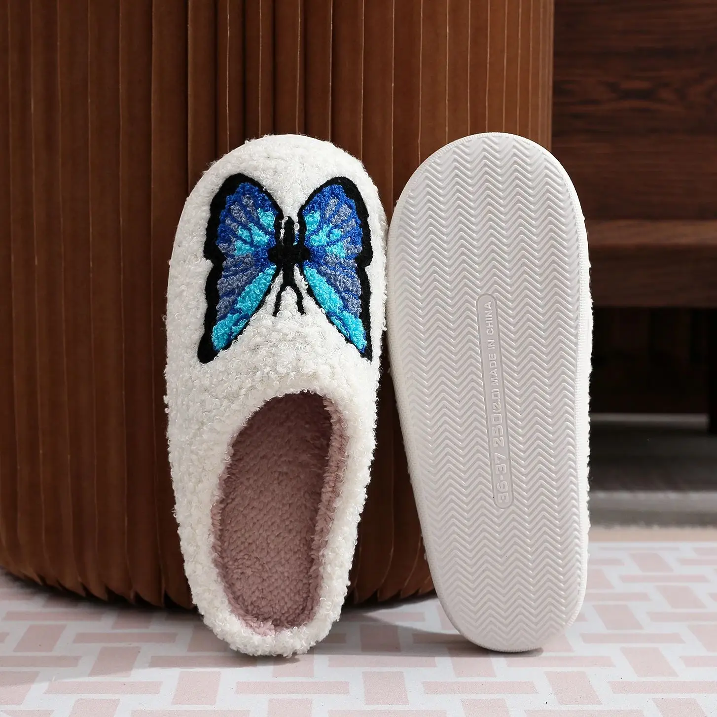 Butterfly Pattern Embroidery stuffed Home Thick Bottom plaid Furry Cotton Slippers Warm Non-slip Indoor Drag