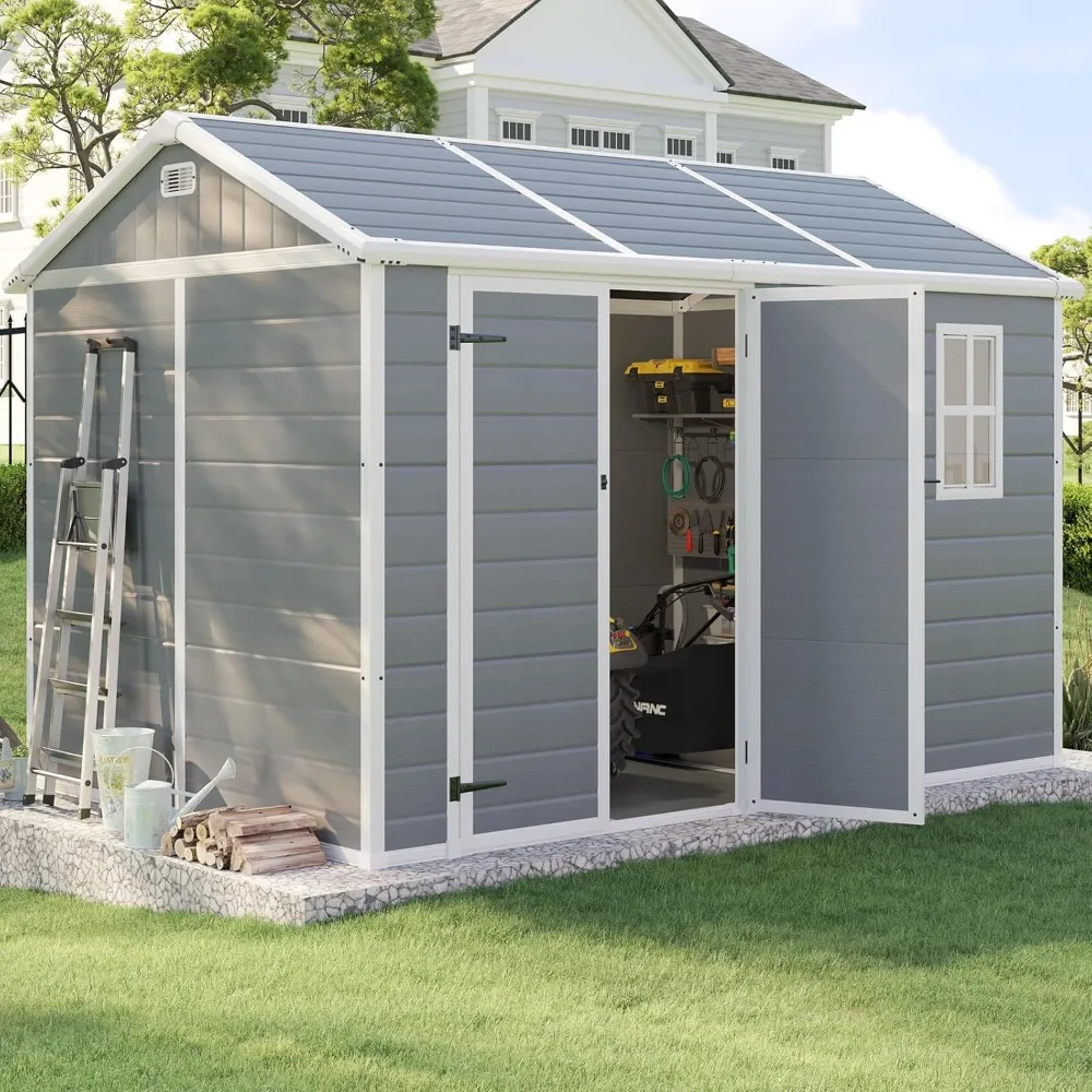 

10.5 X 7.6 X 7.5 Ft Outdoor Resin Storage Shed with Floor, Windows and Ventilation, Large Waterproof Tool Shed