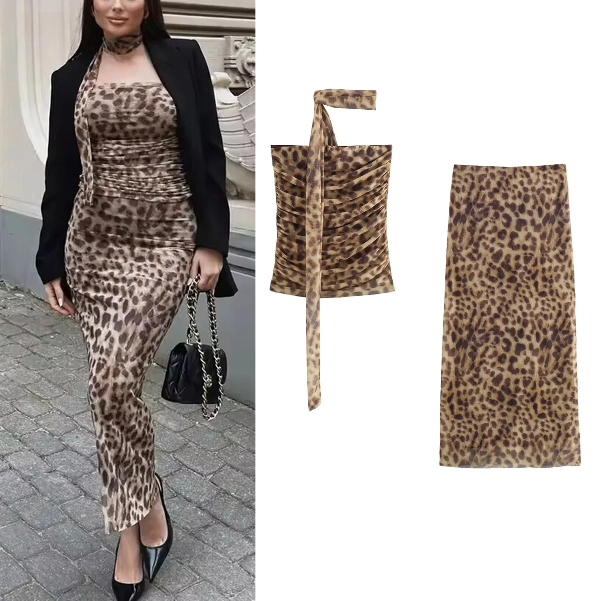 

2025 Women Leopard Printed Pleated Set Off Shoulder Sleeveless Backless Crop Tulle Top+High Waist Long Skirts Fashion Sets