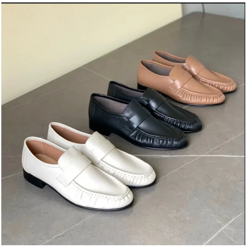 European and American niche pleated round toe low heel soft and comfortable cowhide retro one foot loafers