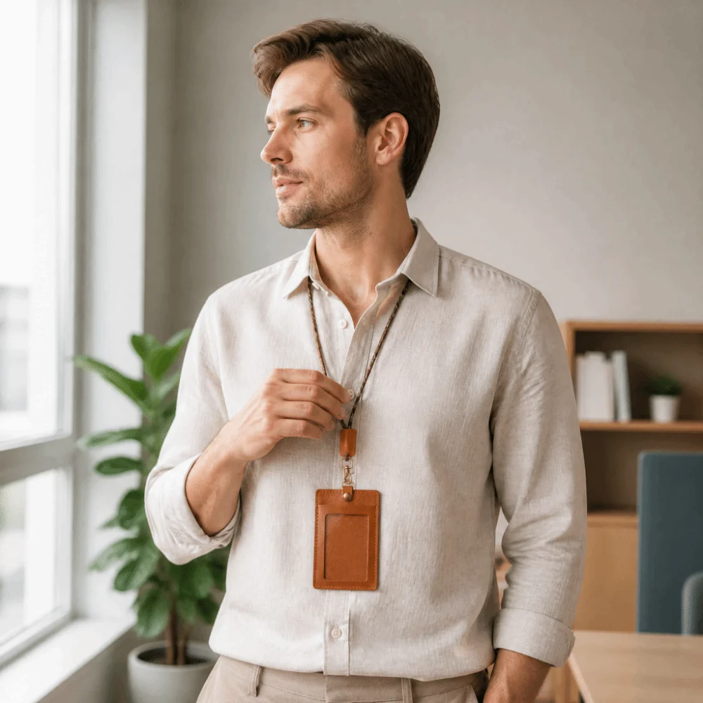 Vintage Waxed Leather ID Badge Holder Premium Leather Protective Sleeve Neck Lanyard Card Pouch Distressed Leather Snug Fit
