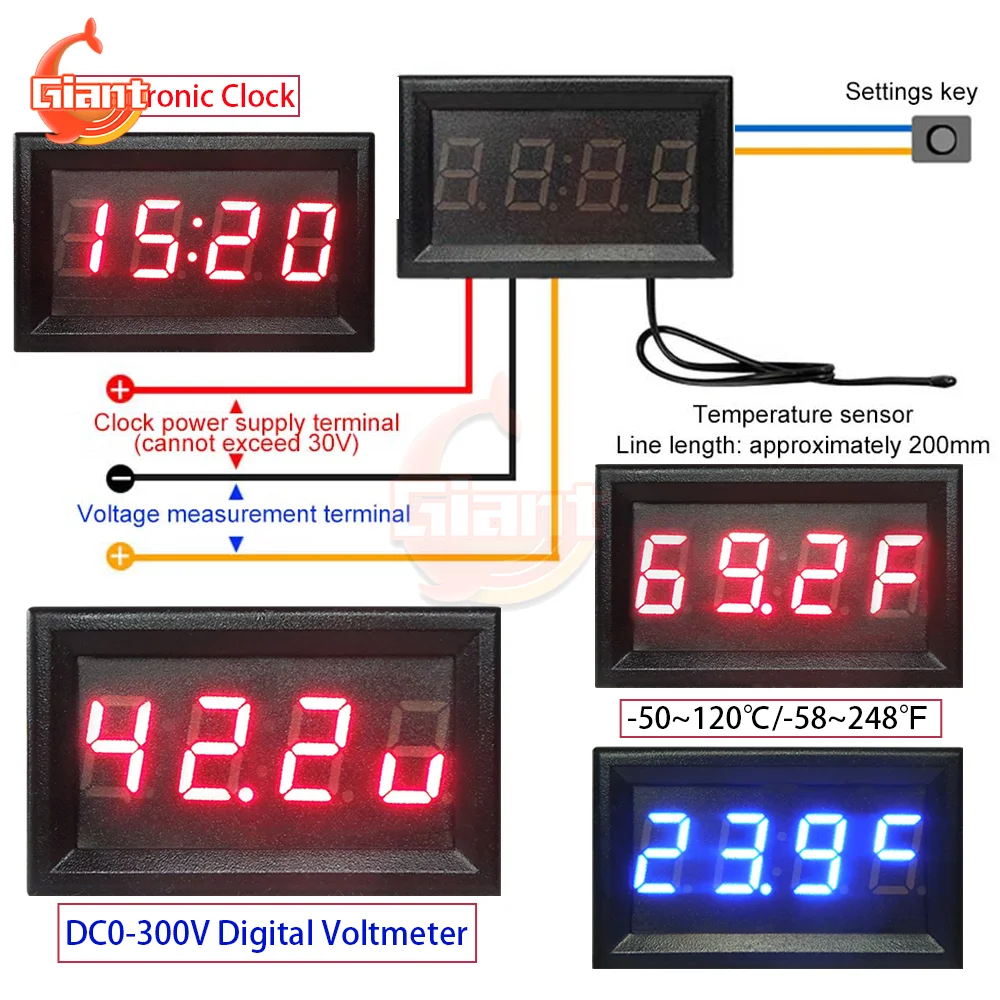 

Цифровой вольтметр-тестер DC0-300V 3 в 1 электронные часы Высокоточный термометр красный/синий/зеленый/оранжевый светодиодный дисплей