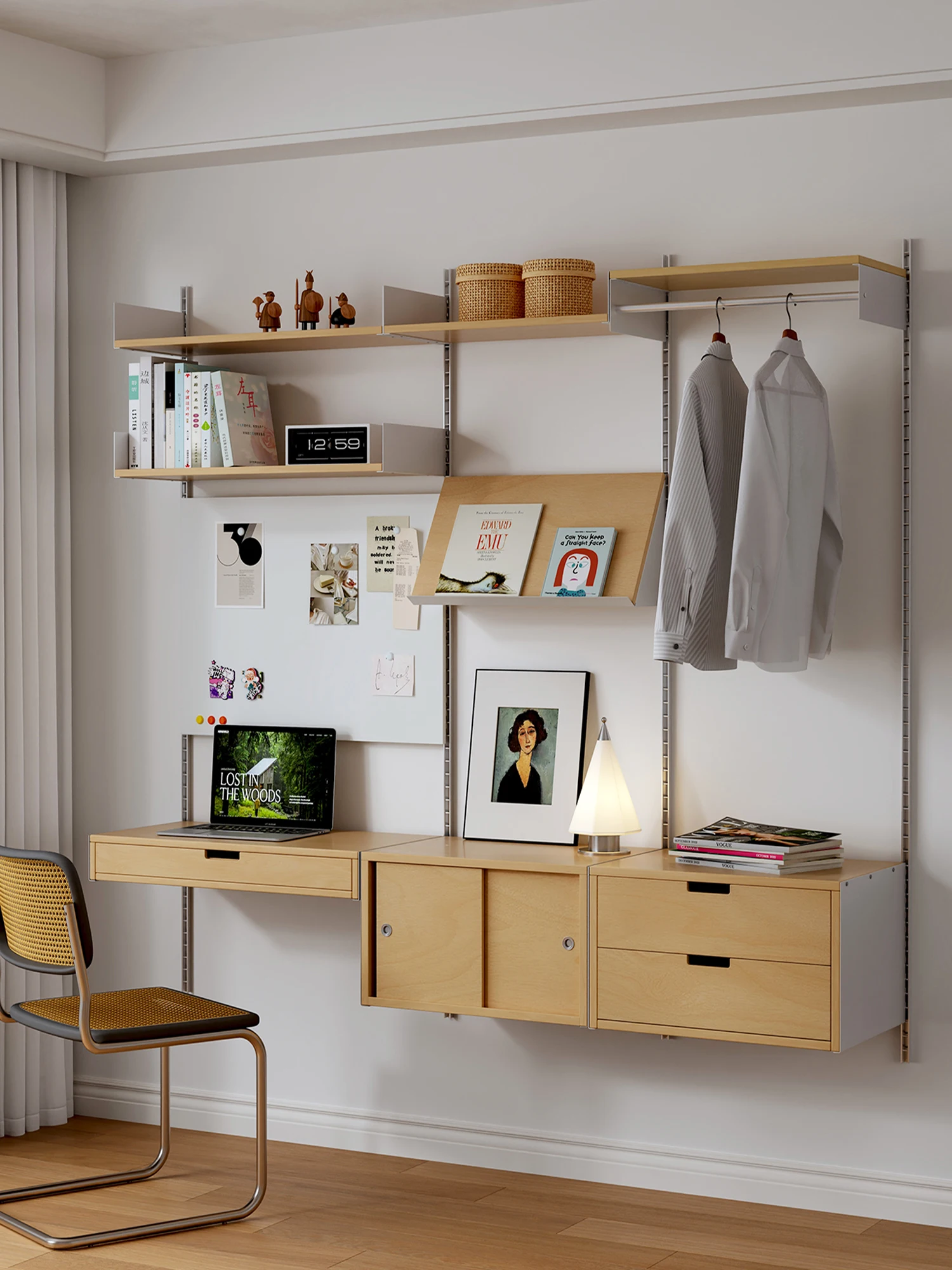 Bookcase Wall Hanging Shelf Bedroom Multifunctional Bookshelf Coat Rack Birch Adjustable Display Rack