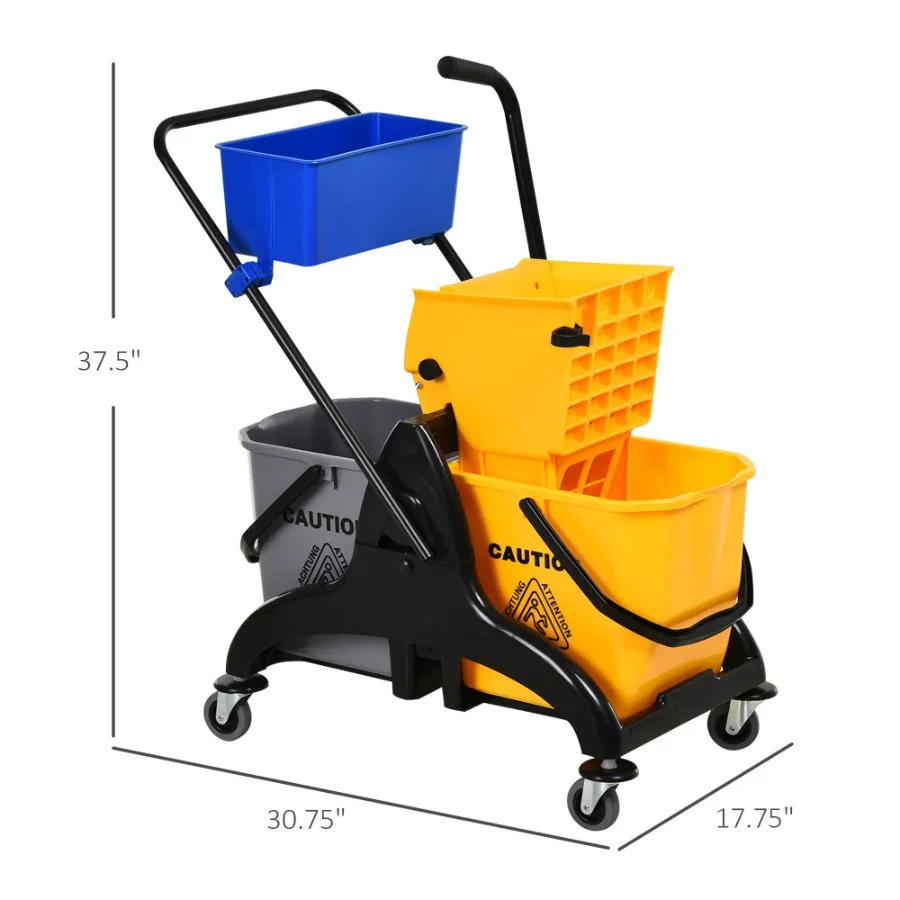 6.9 Gallon Mop Bucket Wringer Cart Easy Side Press Yellow Black Smooth Wheels MopHandle Holder