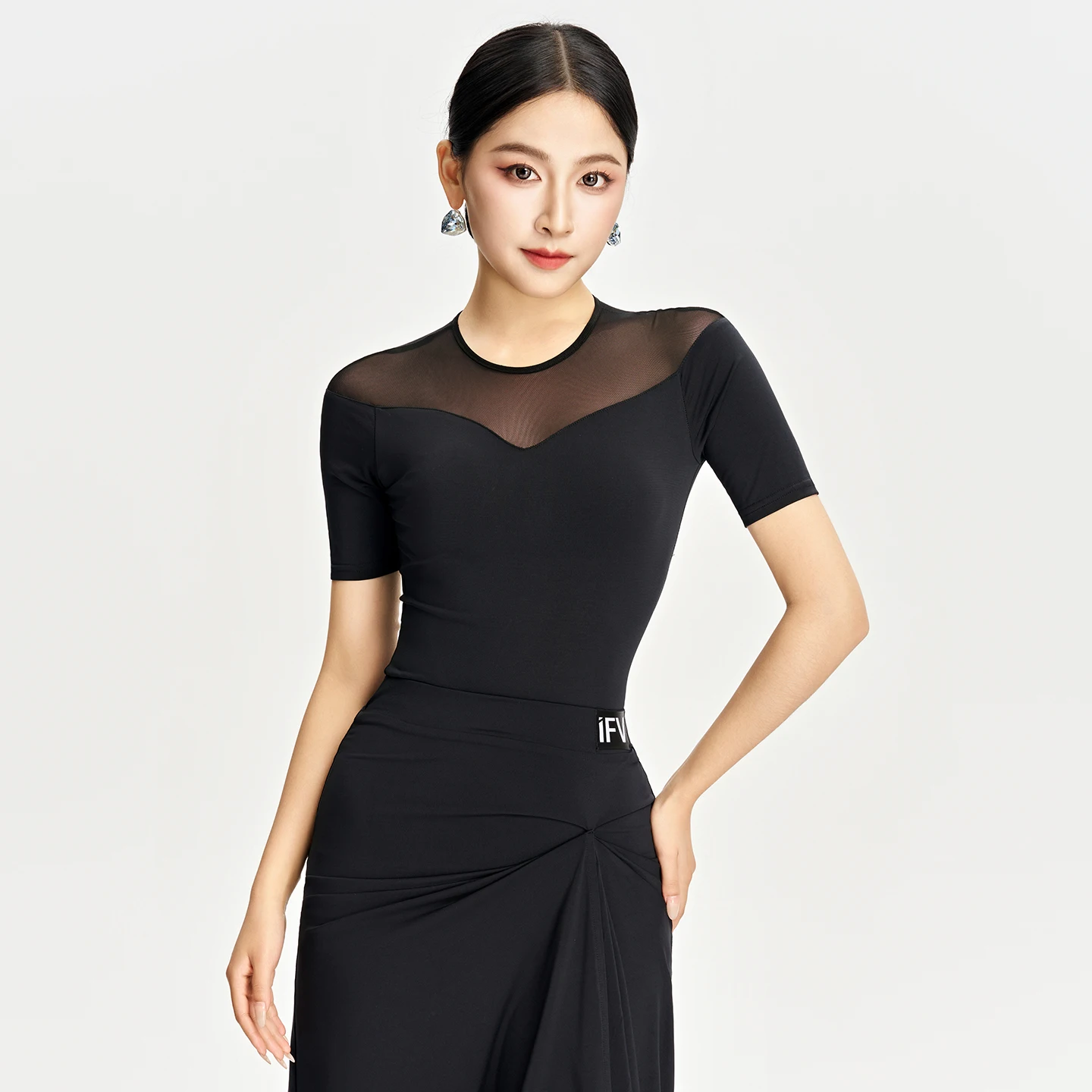 Topy do tańca latynoamerykańskiego dla kobiet z siateczki z krótkim rękawem i nadrukiem, body do ćwiczeń tańca latynoamerykańskiego, stroje do tańca towarzyskiego DN22371