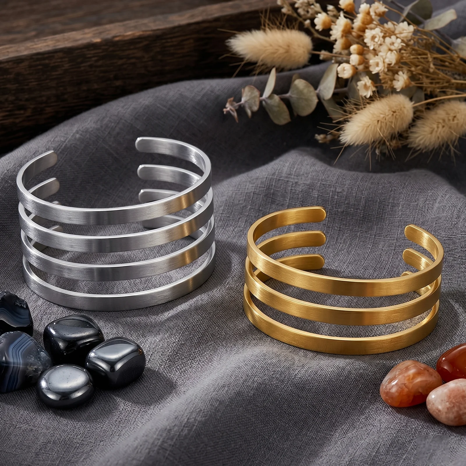 7 Pcs Stainless Steel Open Cuff Bangle Set, Silver & Gold Tone Smooth Plain Bracelets, Minimalist Stackable Wrist Jewelry Kit