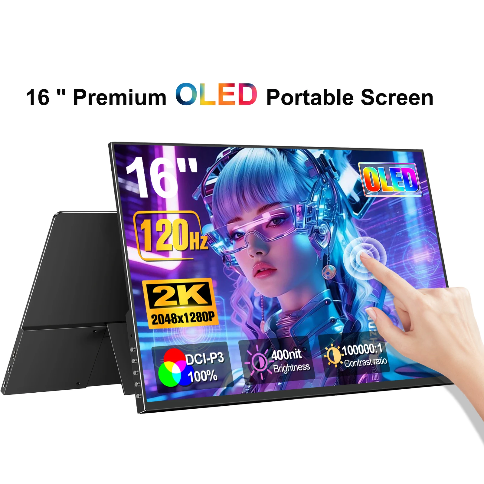 Écran tactile OLED 16 pouces 120Hz, moniteur de jeu portable 2K 1MS, écran de protection oculaire USB C HDMI pour ordinateur portable, Mac, téléphone,