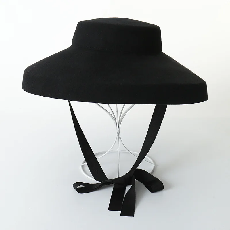 Vintage Wide Brim Shallow Flat Top Wool Fedora Stage Style British Elegant Felt Wide Brim Fedora
