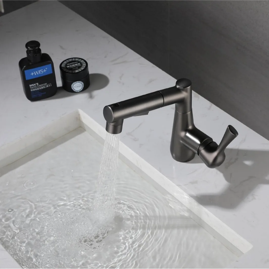 Pull-out Multi-Function Adjustable Faucet with Hot and Cold Water Outlets, Bathroom Spray Head, Gray, Sink