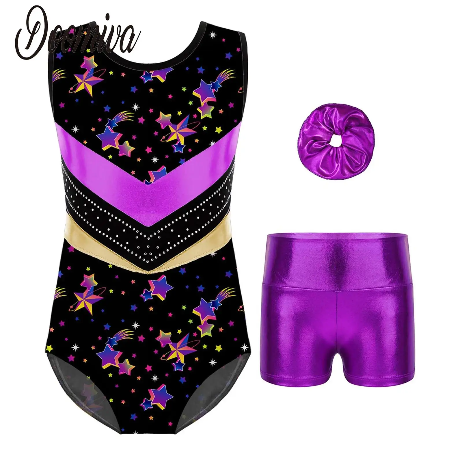 Kids Girls Rhythmic Gymnastic Skating Leotards Outfit Sleeveless Dance Leotard Bodysuit and Metallic Shorts with Hair Ties Set