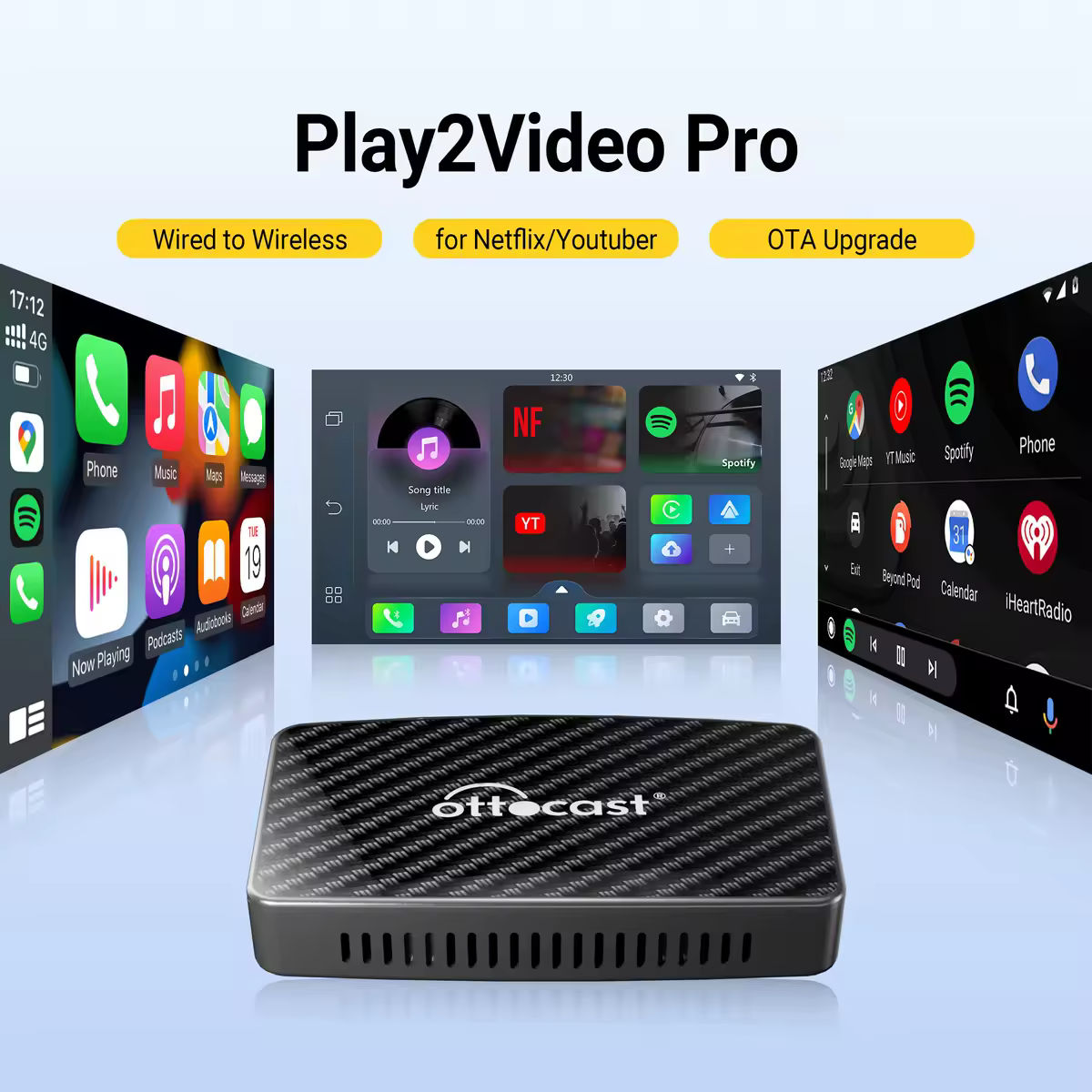 OTTOCAST Play2Video Pro Adattatore wireless CarPlay Android Auto per Youtube per Netflix per TV IP Accessori auto per Kia Toyota