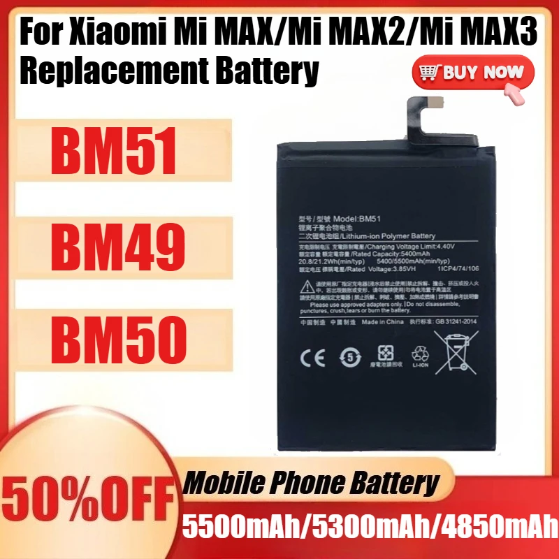 

New BM49 BM50 BM51 4850mAh 5300mAh 5500mAh Battery For Xiaomi Mi MAX/Mi MAX2/Mi MAX3 Replacement Bateria Phone Batteries +tools