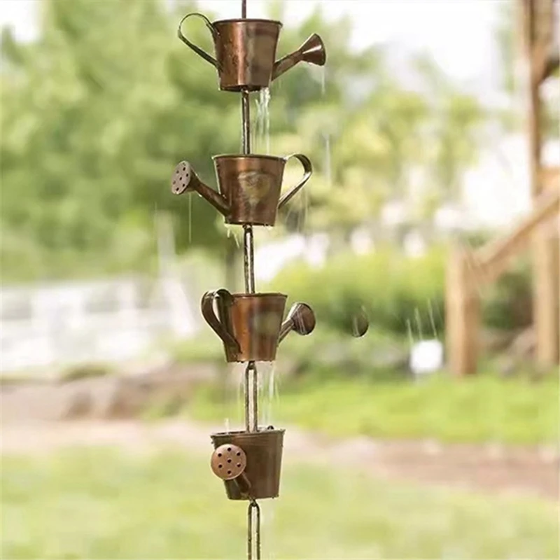 Steel Leaf Rain Chain, Garden Gift For Mom, Gutters, Rain Catcher For Downspout With Adapter, Thick Flower Cups