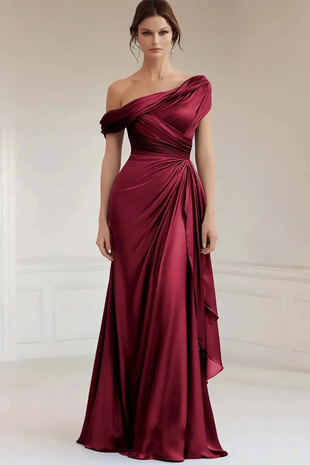 

Modern Dark Red Evening Party Dress Off the Shoulder Satin Pleated A-Line Prom Formal Gowns Banquet Dresses Robe De Soiree
