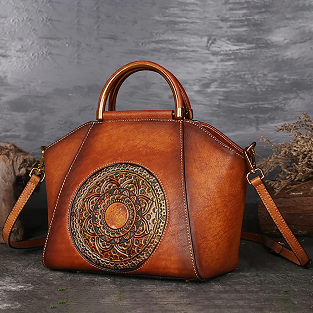 Genuine Embossed Leather Messenger Top Handle Bag Retro Handbag Totem Pattern High Quality Natural Skin Women Shoulder Tote Bags