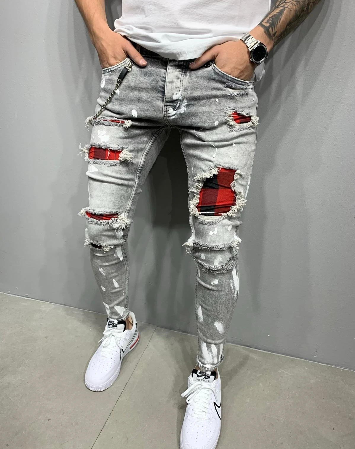 2023 Men\'s Jeans Ripped Pants Mid-Waist Elastic Sports Tight Autumn Comfortable Casual Boys Small Feet Pants