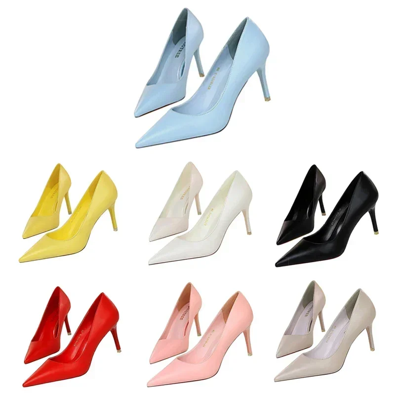 Woman Fashion Career Formal 7.5cm 10.5cm High Heels Colorful Shoes Lady Sweet Blue Yellow Wedding Scarpins Pumps Plus Size 34-43