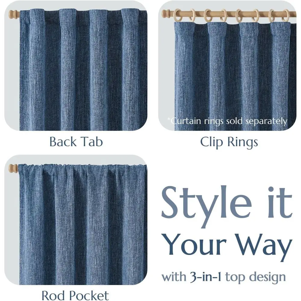 Französische Landhaus-Verdunkelungsvorhänge mit Leinenstruktur, 84 lang, für Wohnzimmer und Schlafzimmer, Blau, 2-teiliges Set