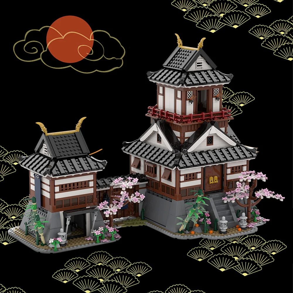 MOC 일본 사무라이 성 블록 세트 중세 텐쇼카쿠 사쿠라 코야 하우스 사원 건축 벽돌 장난감 성인 선물
