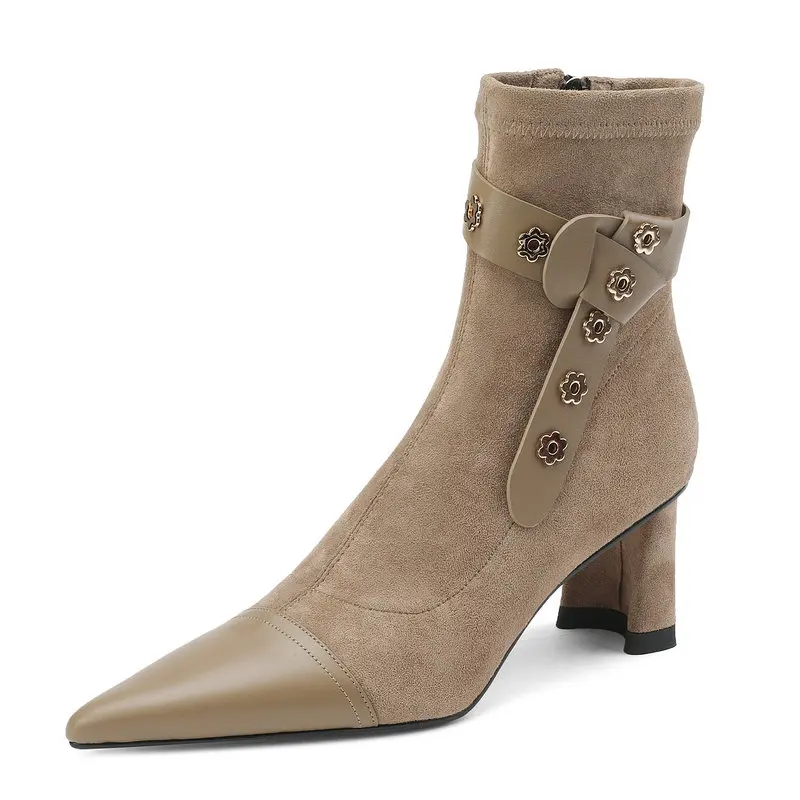 

Women Ankle Boots Autumn Winter Pointed Toe High Heels Cow Suede Leather Shoes Woman Party Office Ladies Elegant Mature