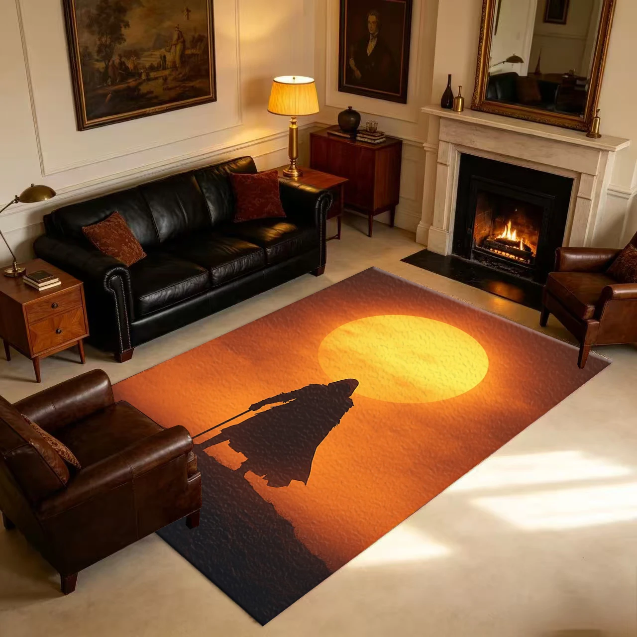 Warrior Silhouette with Hat Sunset Rug Vintage Desert Scene Carpet Suitable for Study Room Home Decoration
