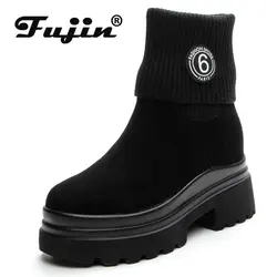 Fujin 7.5cm Genuine Leather Women Boots Flock Stretch Sock Breathable Platform Ankle Booties Suede Autumn Spring Females Shoes