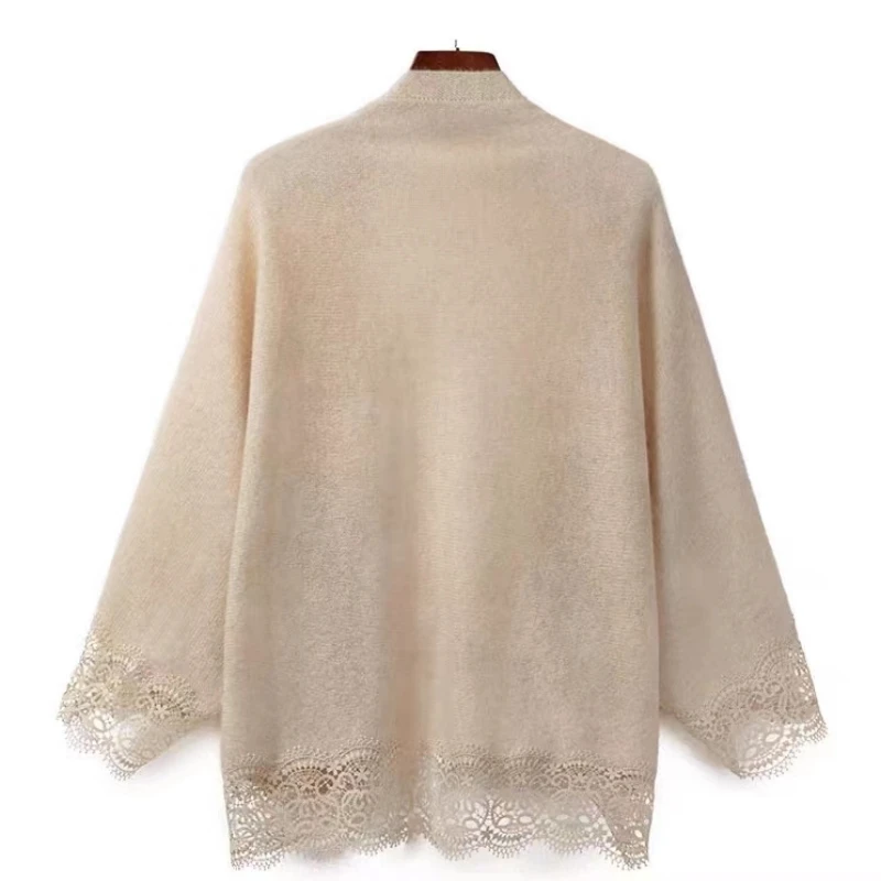 Fashion 100% Merino Wool Women Thin Cardigan Lace Shawl Soft Cashmere Knitwear Solid Color Scarf Korean Style Sweater Grace Top