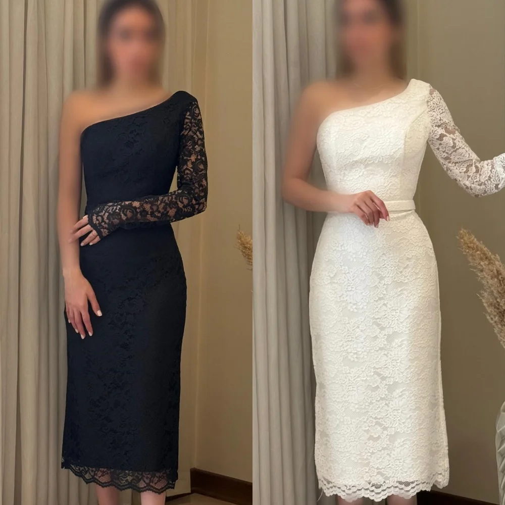 Customized Formal Simple Lace Pleat Ruched Straight One-shoulder Tea Length Dresses Bespoke Occasion Dresses Sizes Available