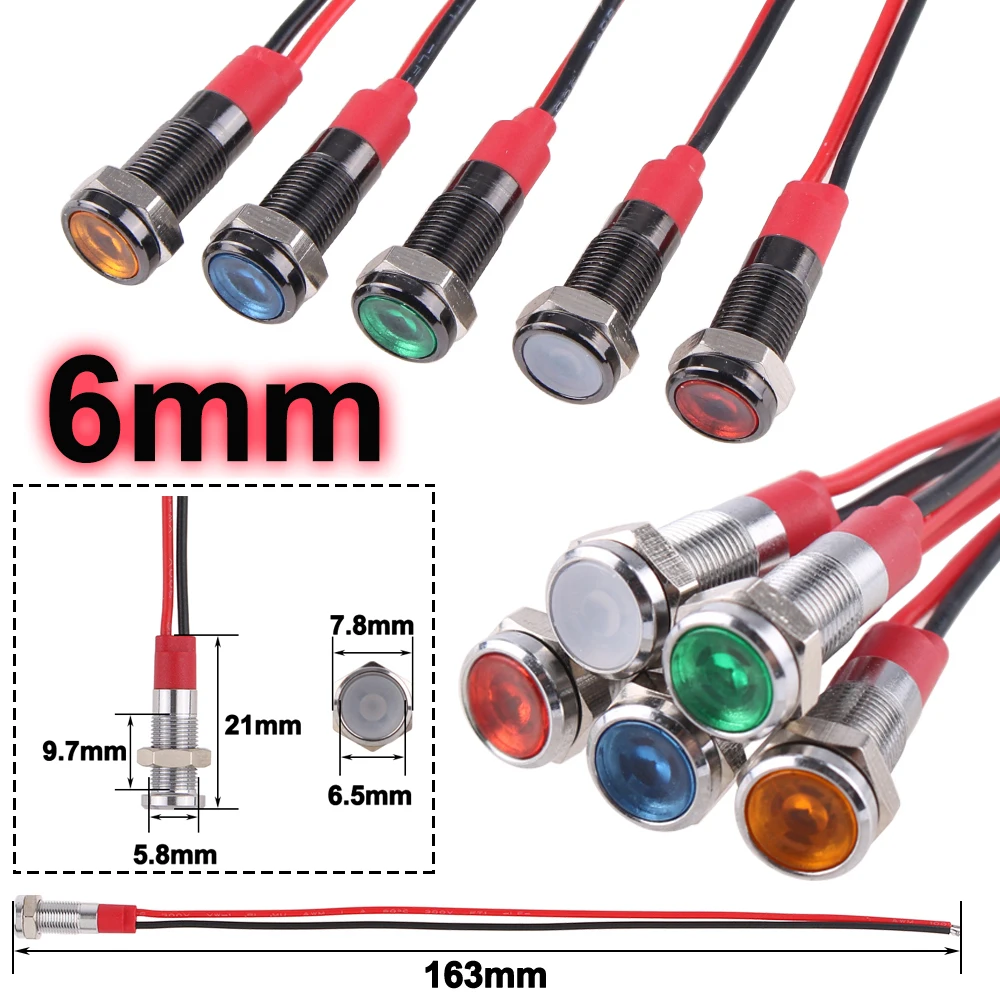 1 pz 6/8/10/12mm metallo LED spia luminosa impermeabile IP65 lampada di segnalazione Pilot 3V 5V 12V 220V ossido nero con fili rosso