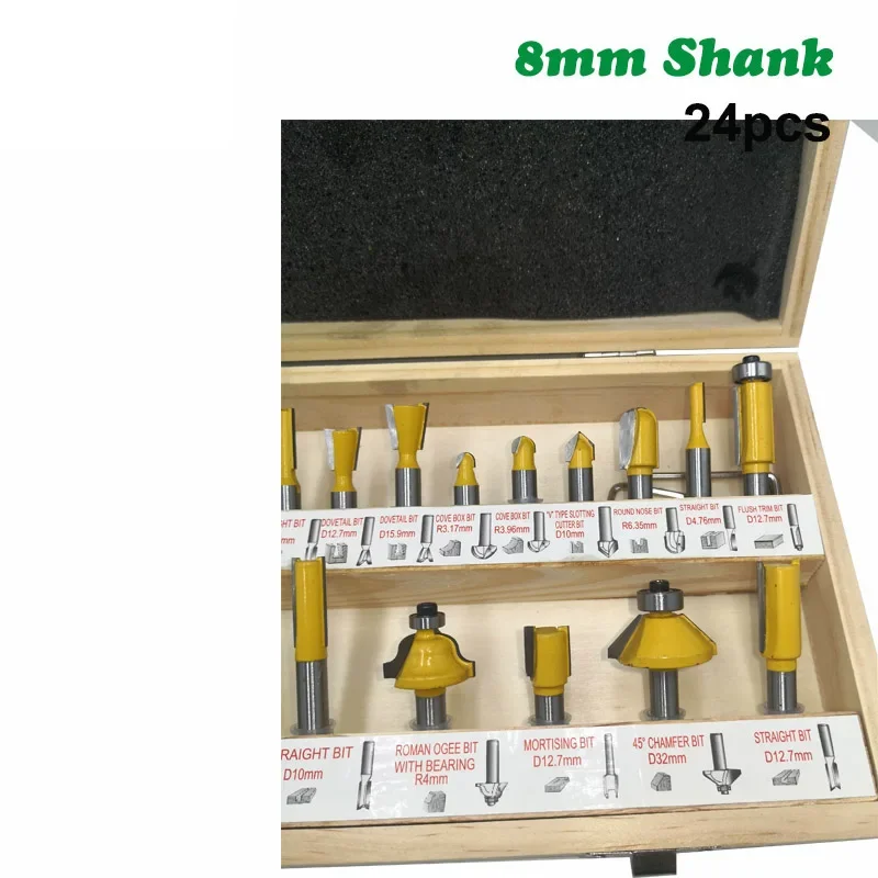 24PC/Set 8MM Shank Milling Cutter Wood Carving Woodworking Router Bits Set Wood Flush Straight Chamfer Trimming Engraving Tool