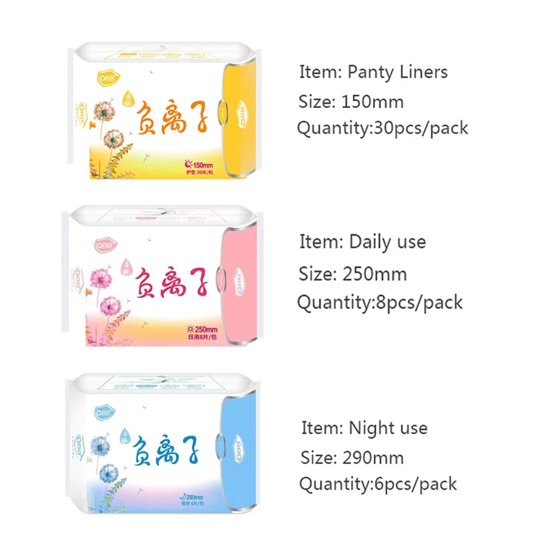 Serviette hygiénique à anions pour femmes, Tampons hygiéniques pour tuer les bactéries, tampon à anions à usage quotidien, 300 pièces = 10 paquets