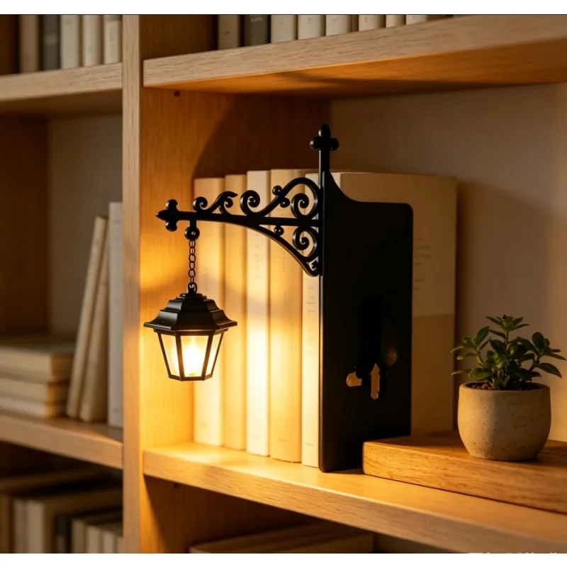 Mini Hanging Lantern Bookshelf Lamp, Vintage Black Metal Night Light, Warm Accent for Bedroom Study Shelf and Home Decor