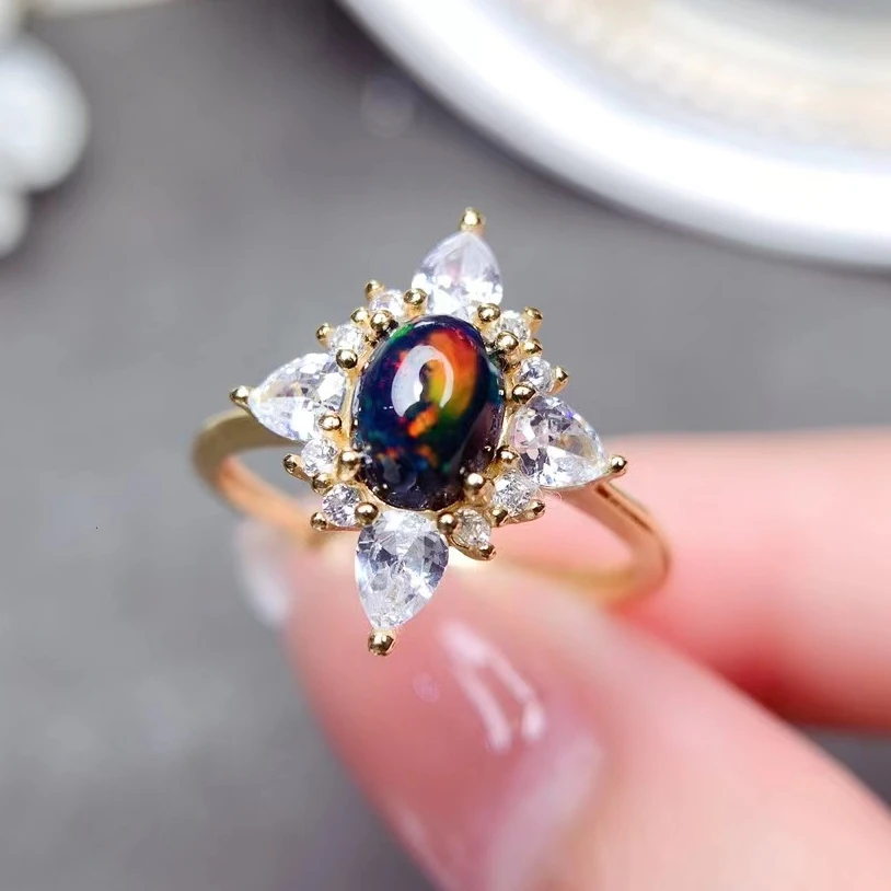 Red Brilliant Black Opal Ring 5mm*7mm Natural Opal 925 Silver Ring No Fading 18K Gold Plating Gemstone Jewelry