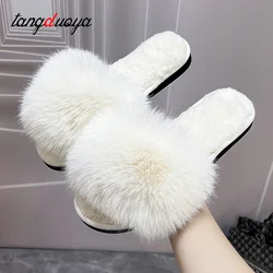 New Woman Slippers Winter Simple Word Fur Flats Soft Home Women Slippers Faux Fur Warm Bedroom Leisure Female Shoes