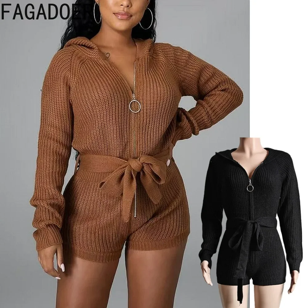 

FAGADOER Autumn Winter Knit Rompers Women Zip Hooded Sashes Bandage Jumpsuits Short Elegant Fashion Ladies Office Streetwear