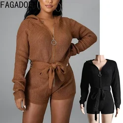 FAGADOER Autumn Winter Knit Rompers Women Zip Hooded Sashes Bandage Jumpsuits Short Elegant Fashion Ladies Office Streetwear