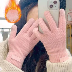 Winter Warm Knitted Full Finger Gloves Women Imitation Cashmere Thick Plush Touchscreen Mittens Outdoor Cycling Driving Gloves
