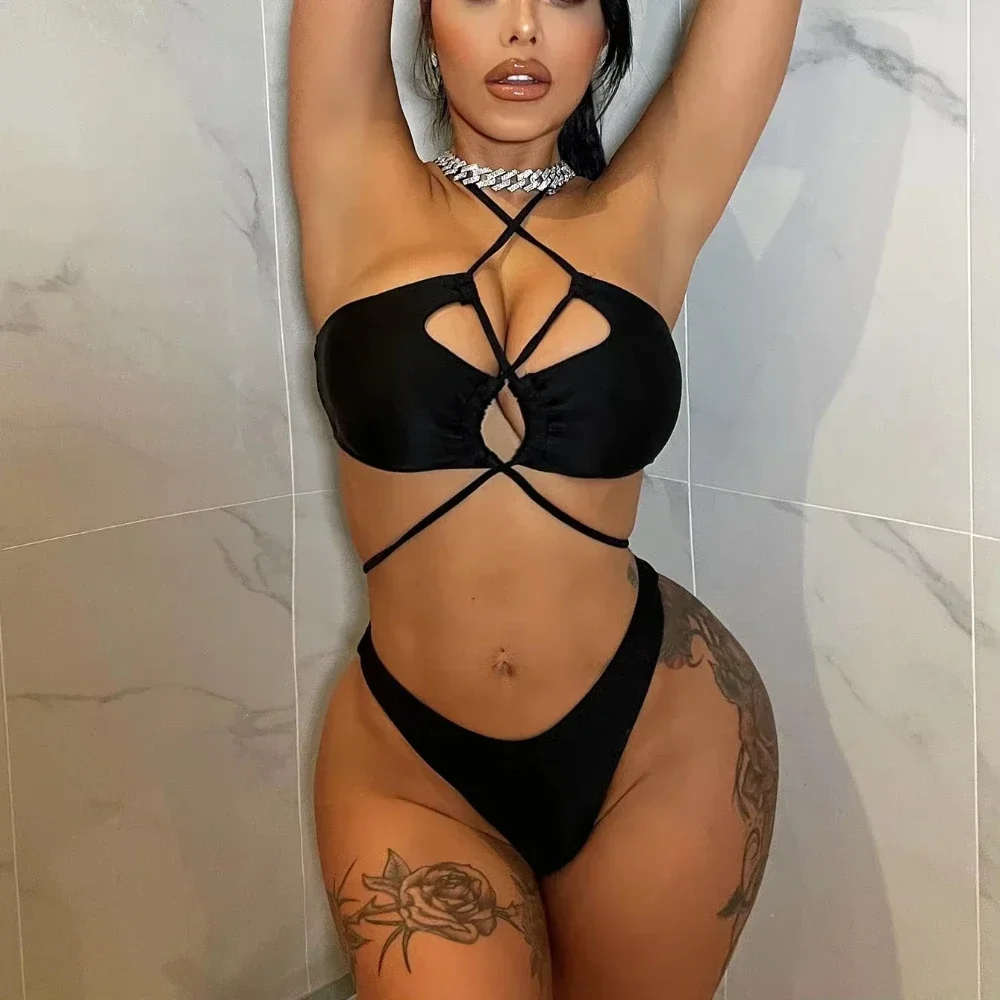 2025 Sexy Swimwear Swimsuit Women Black Hollow Cross Straps Bikinis Set Bathing Suit Beach Bikini Female