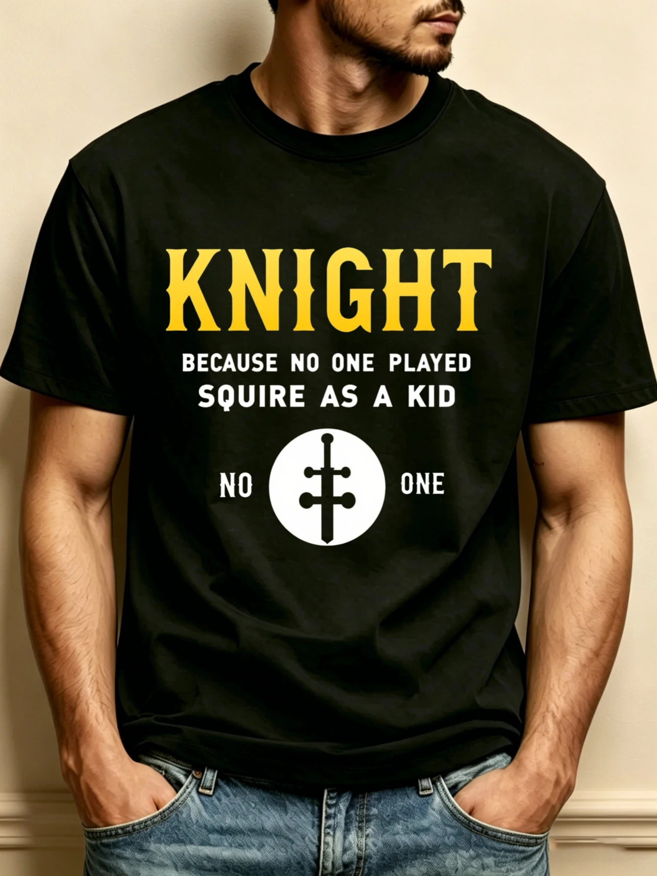 Medieval Knight-Themed Men's Crew Neck T-Shirt, Loose Fit, Stylish and Versatile, Soft and Comfortable Fabric, Suitable for Everyday Wear and Holiday Gifts, Featuring Knight and Retainer Text with a Cross Symbol, Perfect for Casual Outings and Holiday Occasions