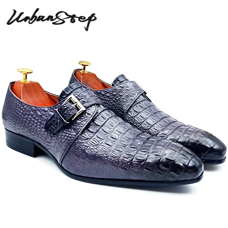 

LUXURY MEN LOAFERS SHOES GRAY BLACK CROCODILE PRINT BUCKLE STRAP CASUAL DRESS MAN SHOES WEDDING OFFICE LEATHER SHOES MEN